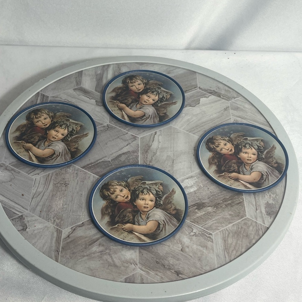 Set of 4 Vintage Angel Cherub Coasters Blue Cork Back 4” Round